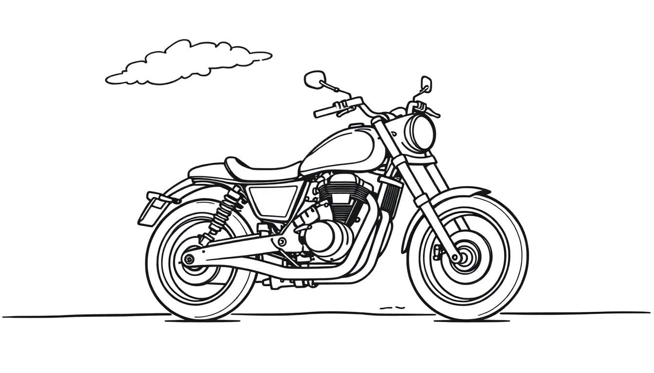 A black and white line drawing of a motorcycle with a cloud above it, perfect for a color panel.