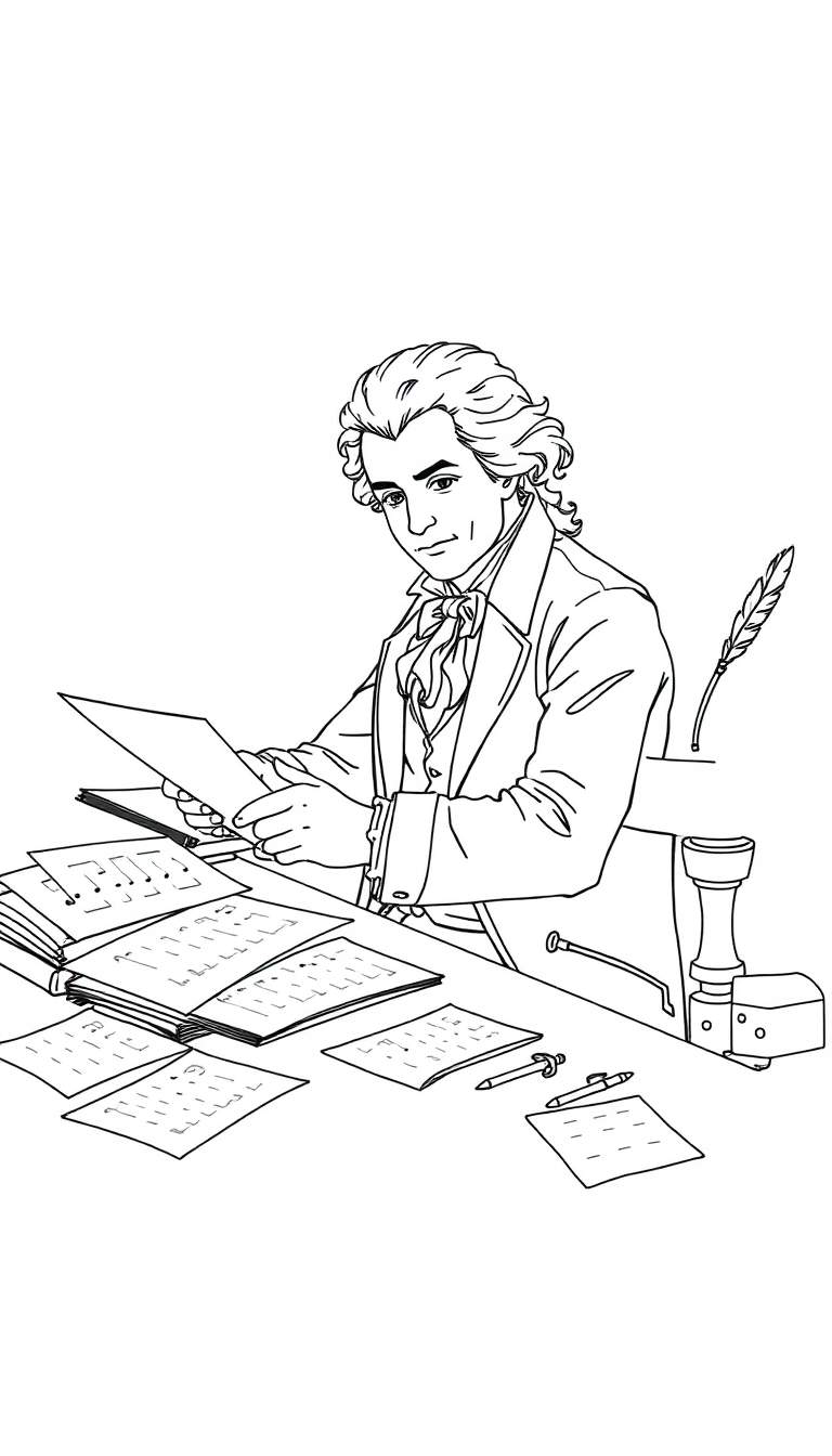 Line art drawing of Mozart playing a keyboard, in a Neoclassical style, ready for coloring.