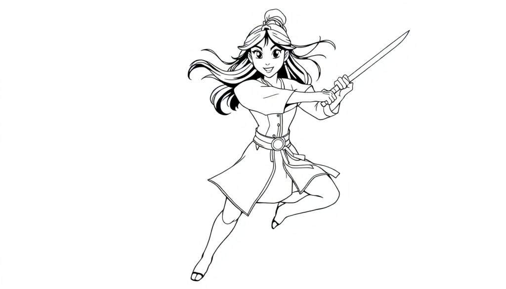 A brave young warrior girl in a black and white color panel, ready for adventure with her sword.