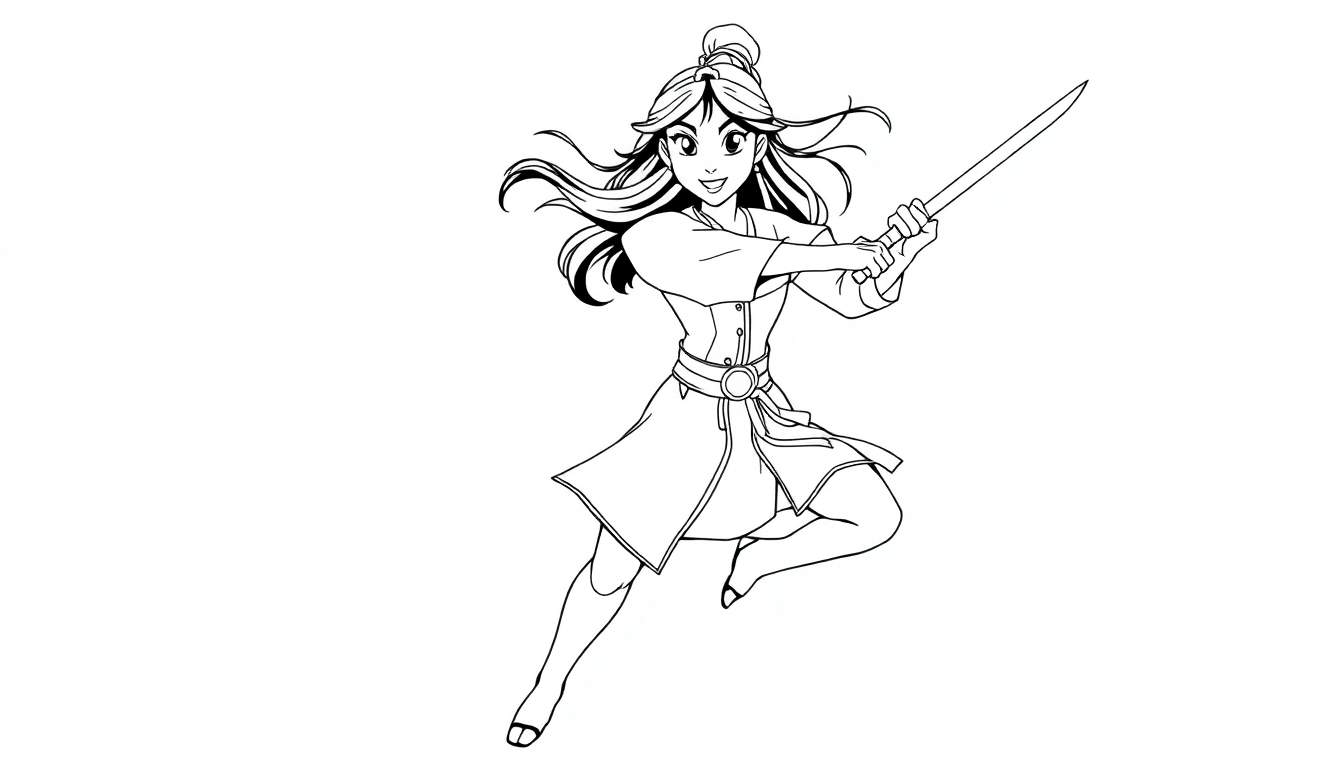 A brave young warrior girl in a black and white color panel, ready for adventure with her sword.