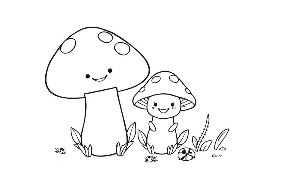 A cute mushroom family in a color panel with grass, leaves, and ladybugs.
