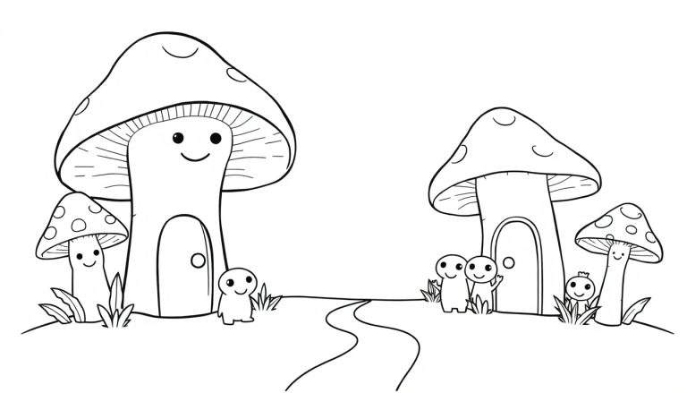 A cute black and white mushroom family ready for a color panel.