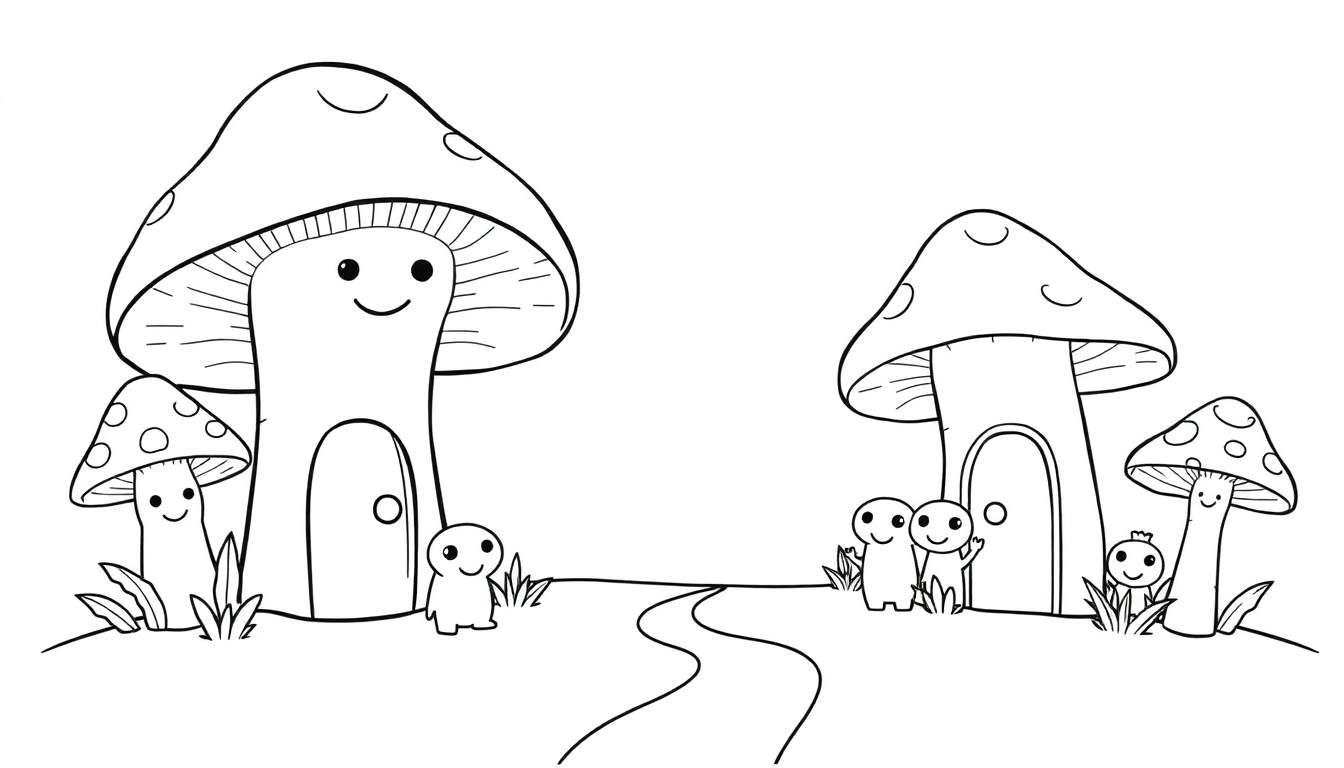 A cute black and white mushroom family ready for a color panel.