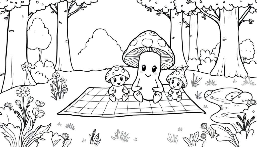A black and white cartoon color panel of a mushroom family having a picnic in a forest.