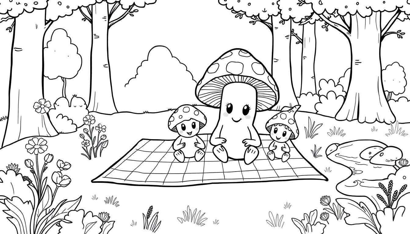 A black and white cartoon color panel of a mushroom family having a picnic in a forest.
