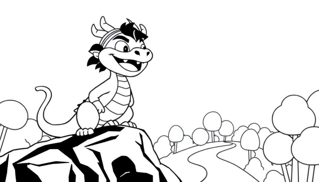 A friendly cartoon dragon sitting on a rock, ready for a coloring adventure on this color panel.