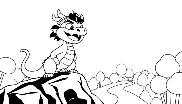 A friendly cartoon dragon sitting on a rock, ready for a coloring adventure on this color panel.