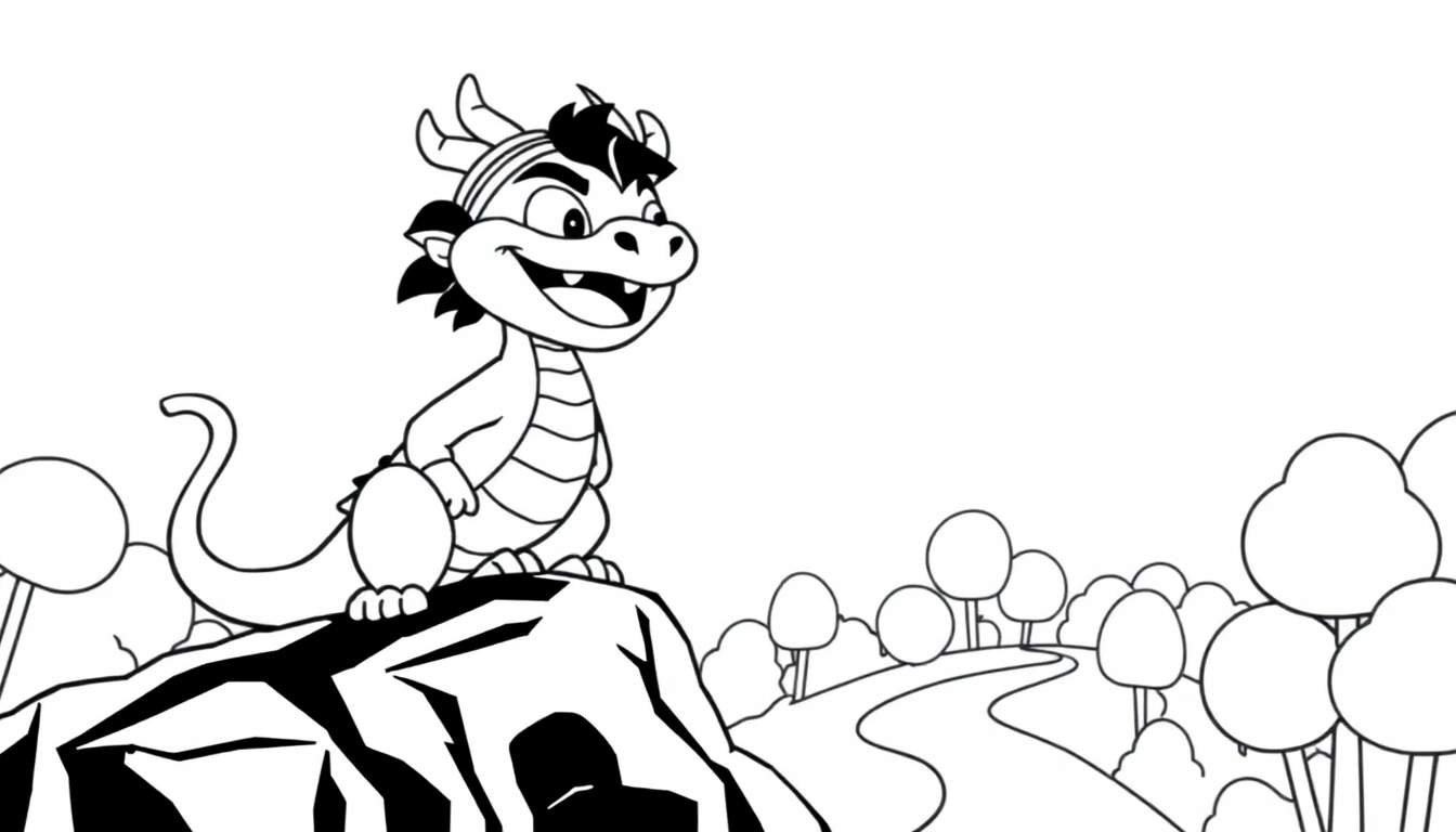 A friendly cartoon dragon sitting on a rock, ready for a coloring adventure on this color panel.