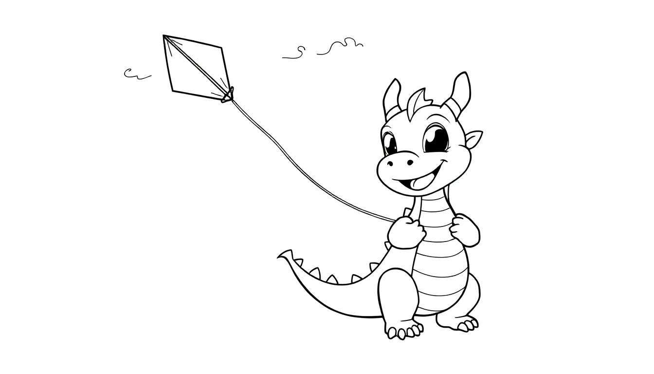 Mushu the dragon flying a kite, a black and white coloring page for kids. This delightful color panel shows Mushu with a big smile.