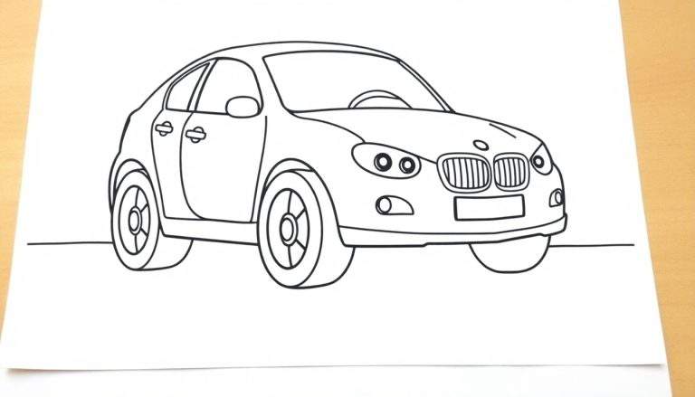A cute BMW car outline for coloring, on a white paper, part of a fun color panel.