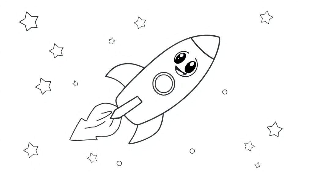 A friendly cartoon rocket ship outline with stars and circles, perfect for a color panel.
