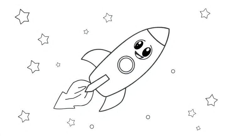 A friendly cartoon rocket ship outline with stars and circles, perfect for a color panel.