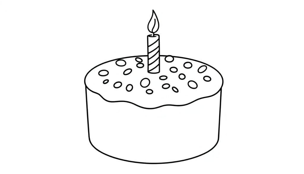 A black and white coloring panel of a birthday cake with a single striped candle and a flame.