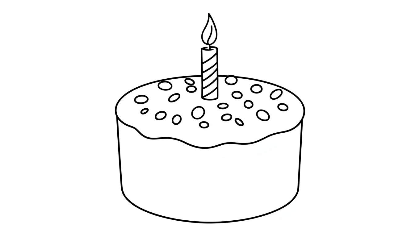 A black and white coloring panel of a birthday cake with a single striped candle and a flame.