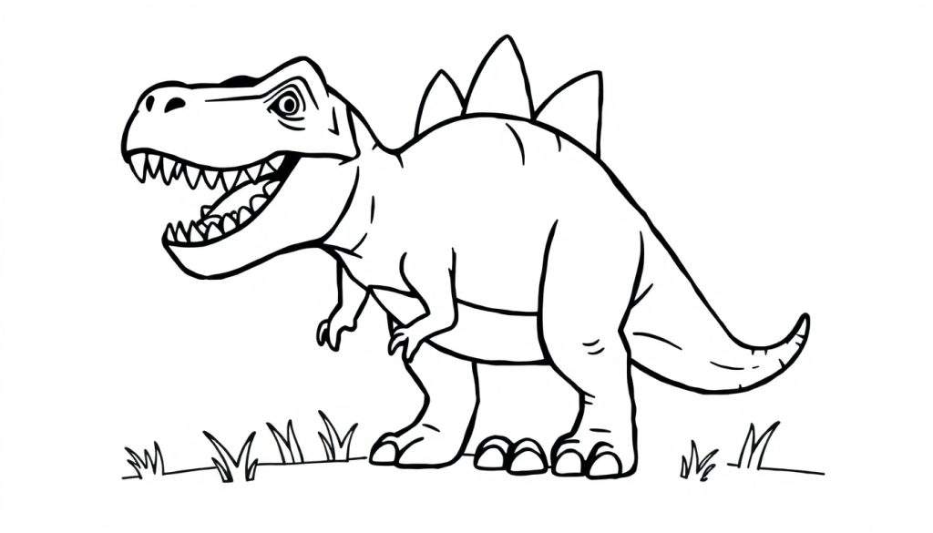 A smiling Tyrannosaurus Rex with three plates on its back, ready for the color panel.