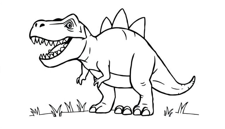 A smiling Tyrannosaurus Rex with three plates on its back, ready for the color panel.