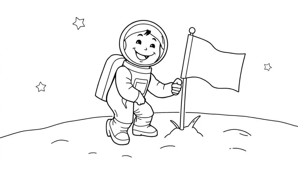 A happy child astronaut holding a flag on the moon, a fun color panel.