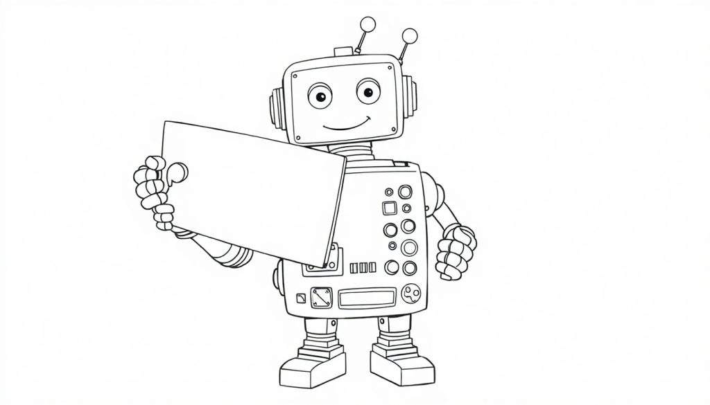 A friendly robot drawing in black and white with a blank sign, perfect for a coloring panel.