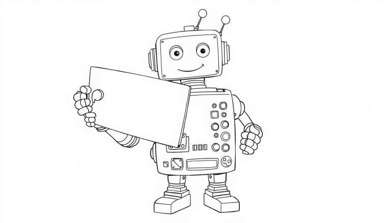 A friendly robot drawing in black and white with a blank sign, perfect for a coloring panel.
