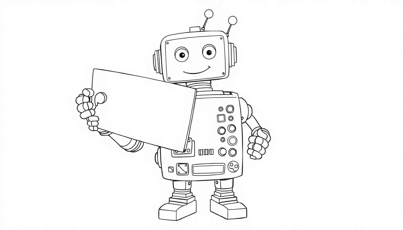 A friendly robot drawing in black and white with a blank sign, perfect for a coloring panel.