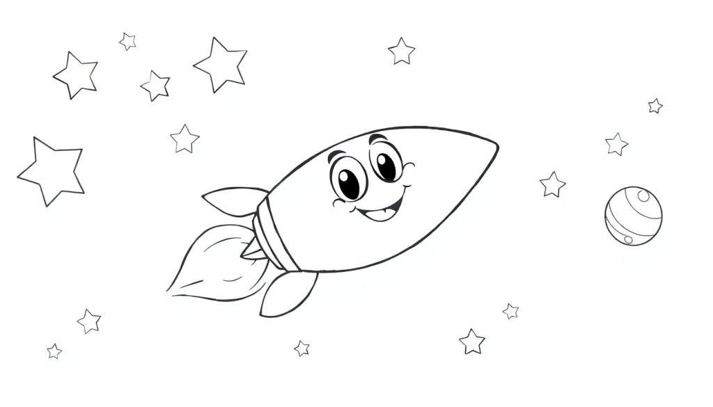 A friendly black and white cartoon rocket ship smiling in space, ready for a color panel.