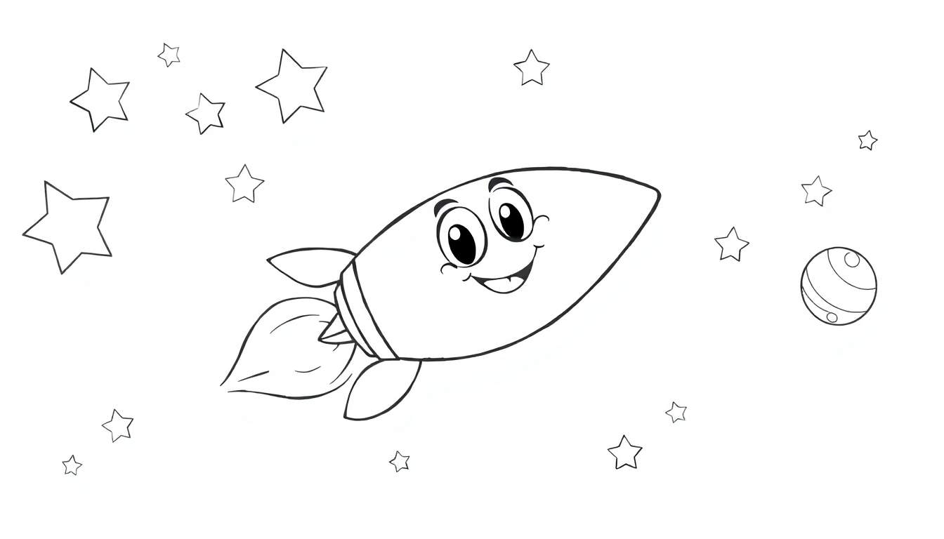 A friendly black and white cartoon rocket ship smiling in space, ready for a color panel.