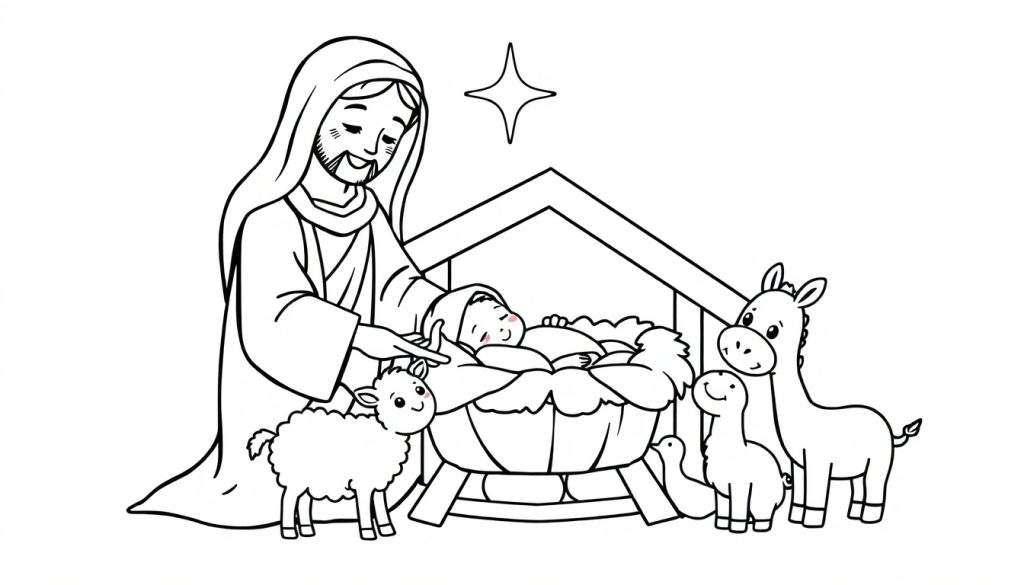 A black and white Nativity scene color panel with Jesus, Mary, Joseph, baby Jesus in a manger, and friendly animals.