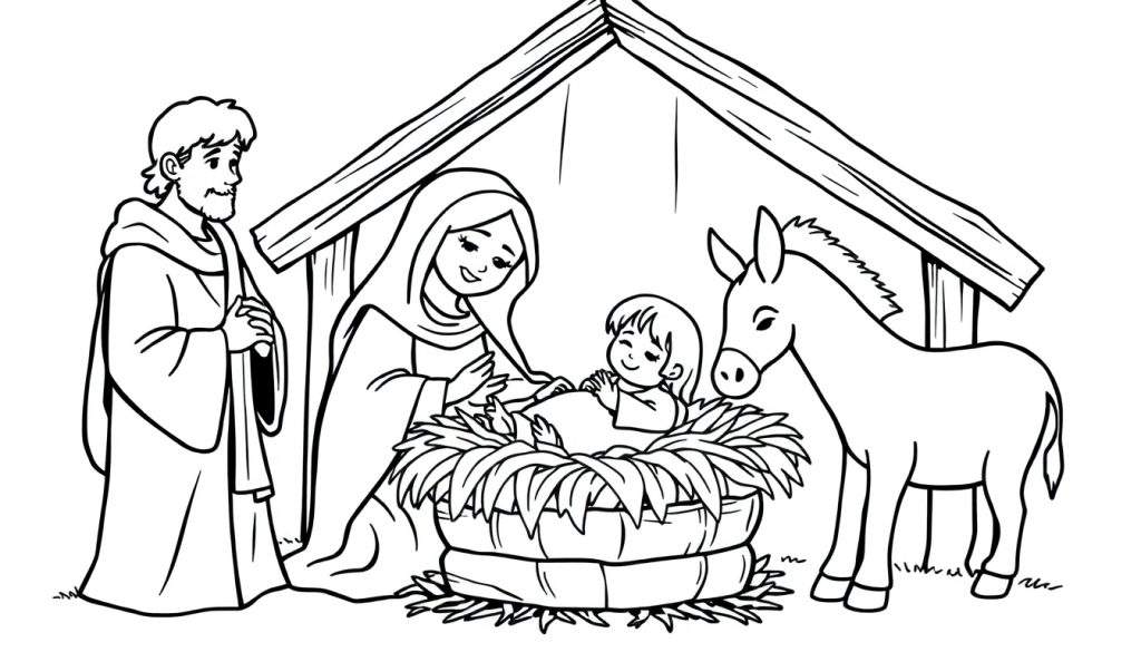 Black and white color panel line drawing of the Nativity scene with Joseph, Mary, baby Jesus in a manger, and a donkey.