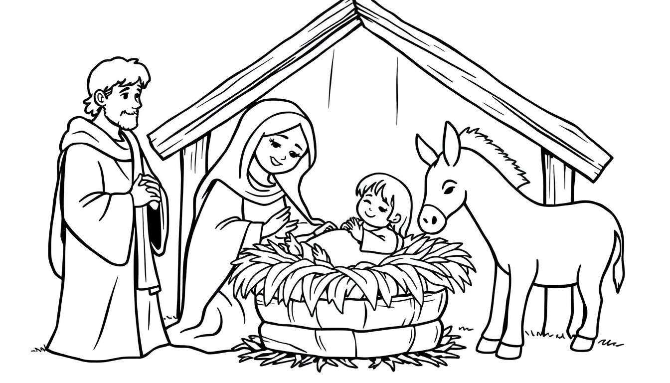 Black and white color panel line drawing of the Nativity scene with Joseph, Mary, baby Jesus in a manger, and a donkey.