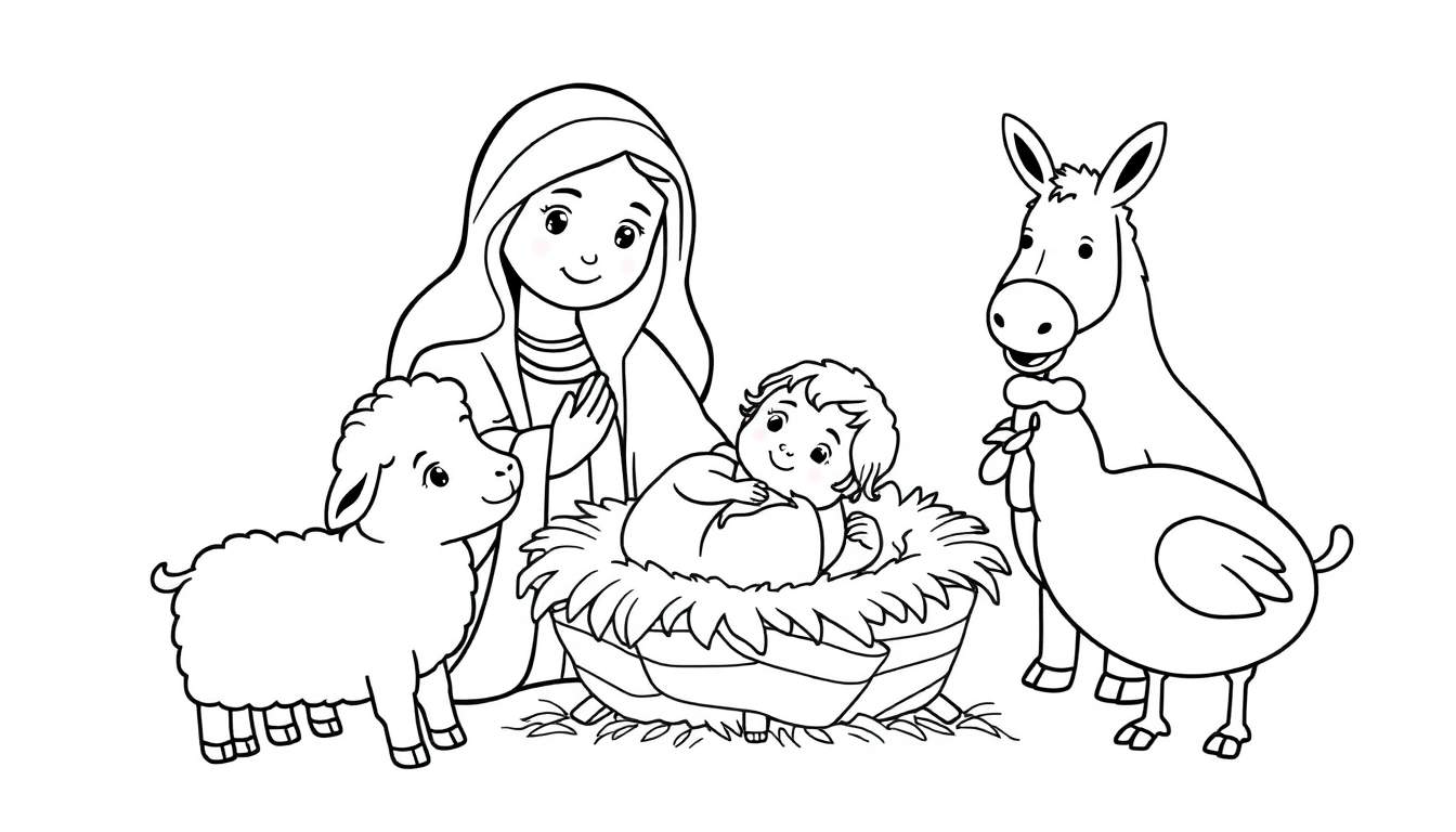 A simple black and white cartoon color panel of the Nativity scene with Mary praying over baby Jesus in a manger. A lamb, donkey, and chicken are nearby.