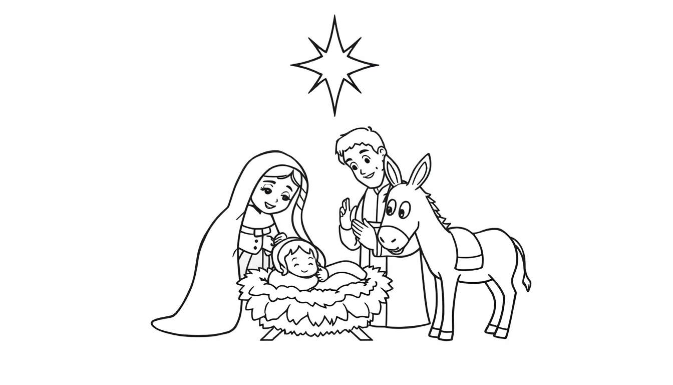 A cute black and white nativity scene for kids to color, featuring baby Jesus in a manger, Mary and Joseph, a donkey, and a shining star, all ready for a color panel.