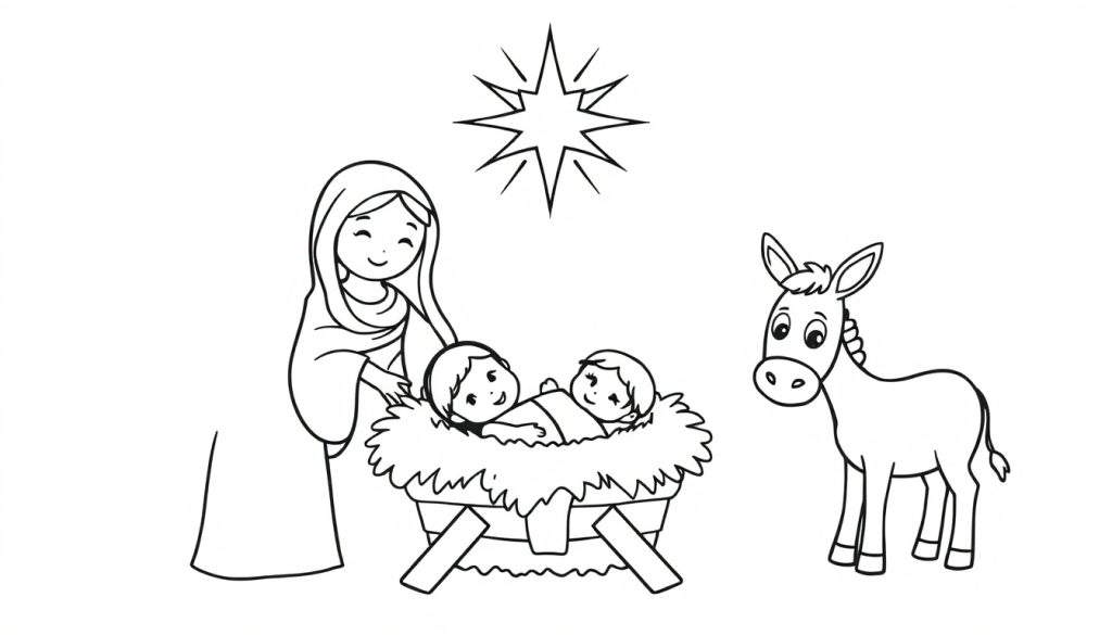 Cute black and white nativity scene color panel with Baby Jesus, Mary, a donkey, and a star.