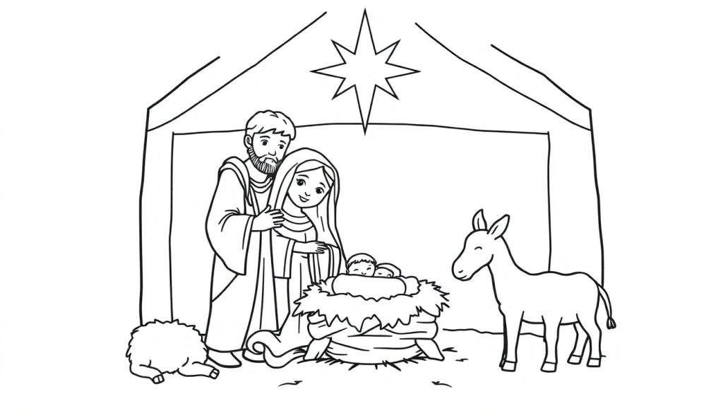 A black and white nativity color panel showing baby Jesus in a manger with Mary and Joseph, a star, a donkey, and a sheep.