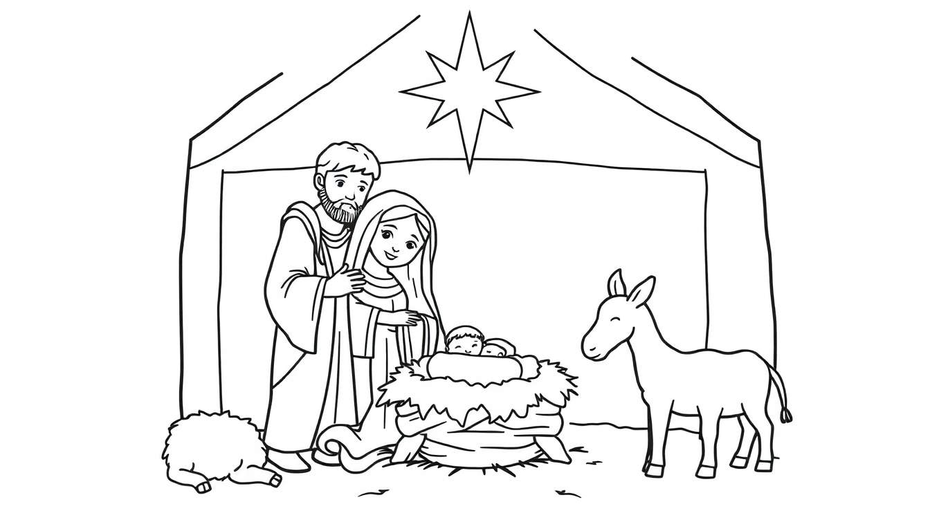 A black and white nativity color panel showing baby Jesus in a manger with Mary and Joseph, a star, a donkey, and a sheep.