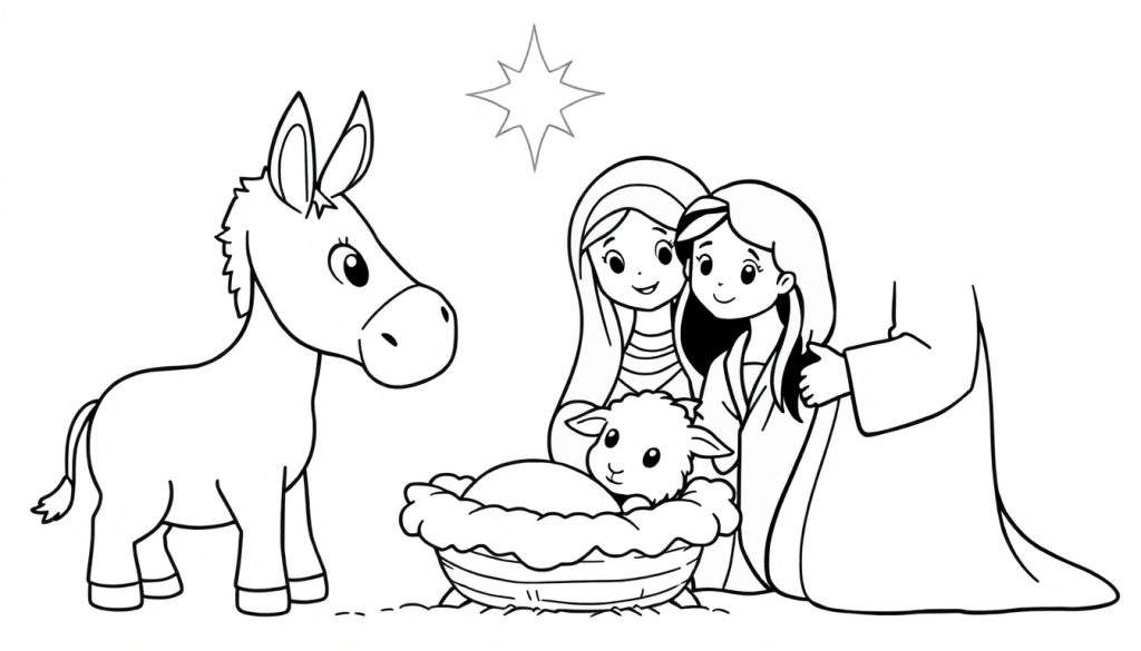 A black and white nativity color panel illustration with a donkey, a baby in a manger, two women, and a star.