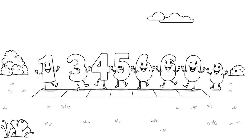 A black and white cartoon color panel of numbers 1 through 8 walking on a path with cartoon clouds and bushes in the background.