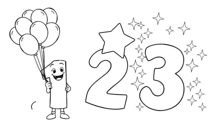 A black and white cartoon coloring panel showing number 1 with balloons, and numbers 2 and 3 with stars.