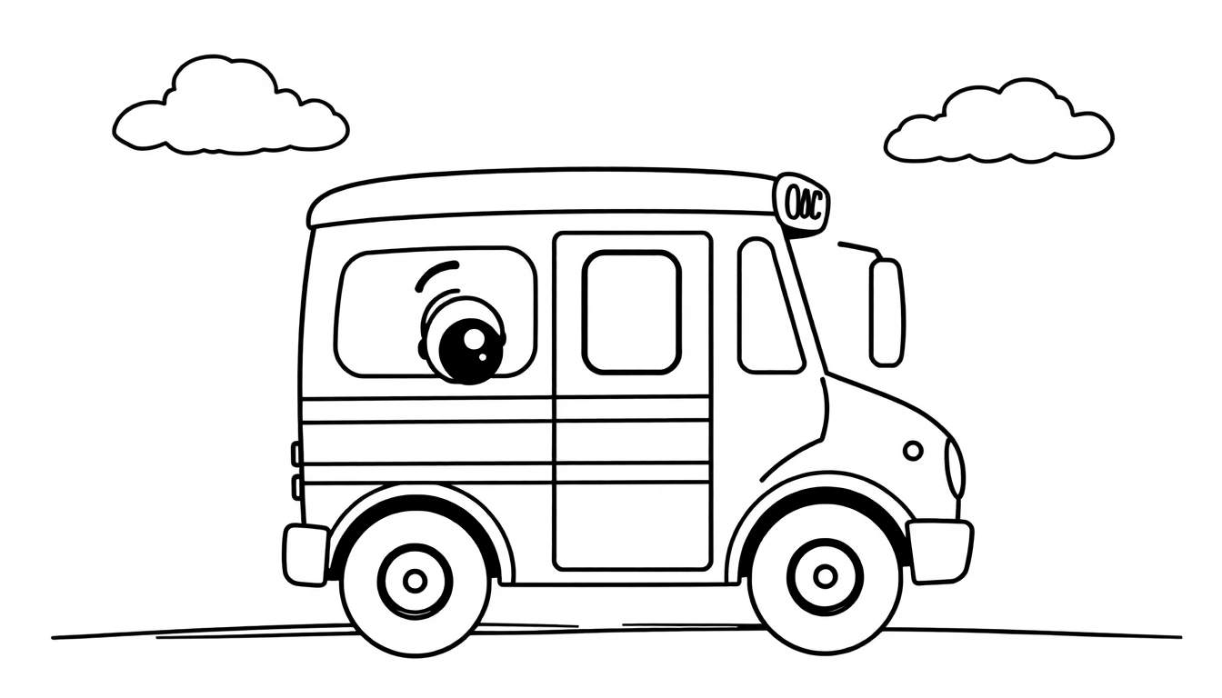 A cute black and white cartoon bus with big eyes and 'OOC' on a sign, ready for a coloring adventure.