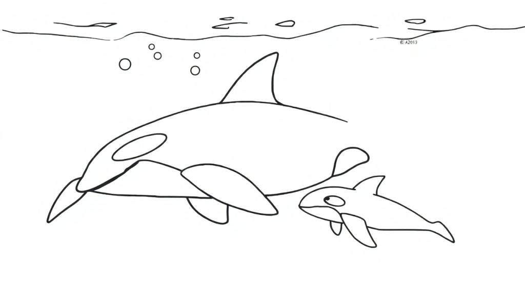 A black and white color panel illustration of a mother orca and her calf swimming, ready for coloring.