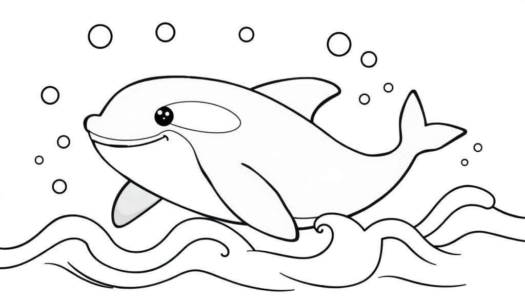 A smiling orca whale in a black and white coloring panel illustration, surrounded by bubbles and waves.