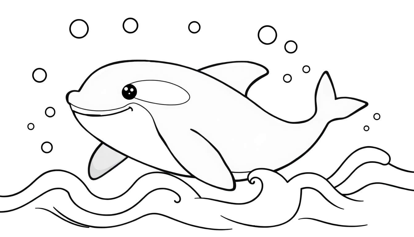 A smiling orca whale in a black and white coloring panel illustration, surrounded by bubbles and waves.