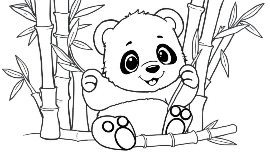 A cute panda coloring panel happily chewing bamboo.