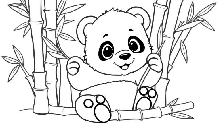 A cute panda coloring panel happily chewing bamboo.