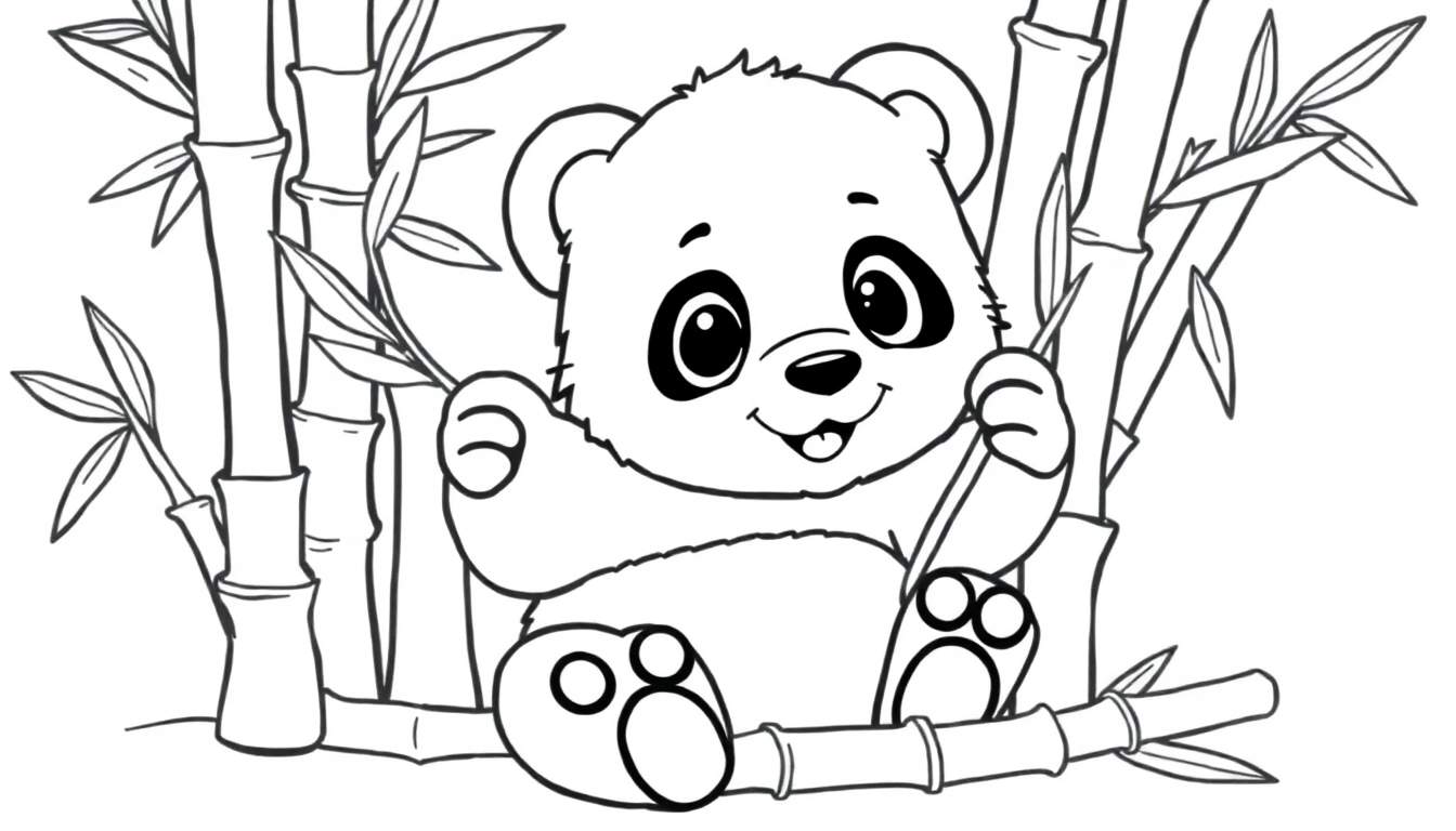A cute panda coloring panel happily chewing bamboo.