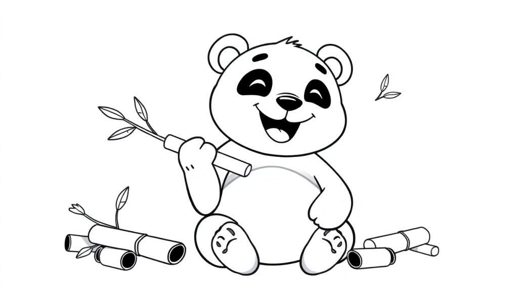 A happy panda in a black and white color panel, munching on bamboo.