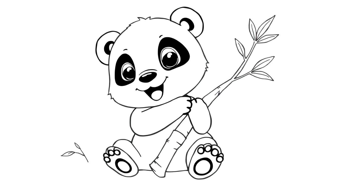 A cute baby panda holding a bamboo stalk, outlined for a color panel.