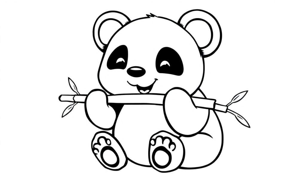 A cute black and white panda coloring panel with a panda holding bamboo.