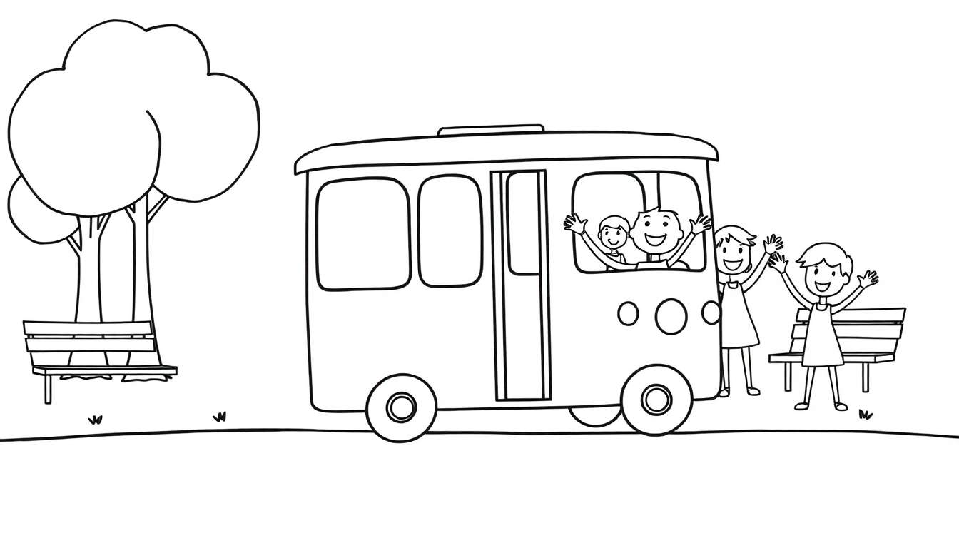 A black and white cartoon of a bus in a park, with kids waving. This is a color panel for drawing.