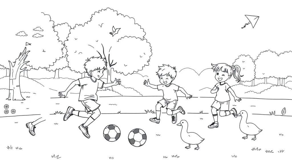 A happy group of kids playing soccer in a park, ready for coloring. Includes a color panel.