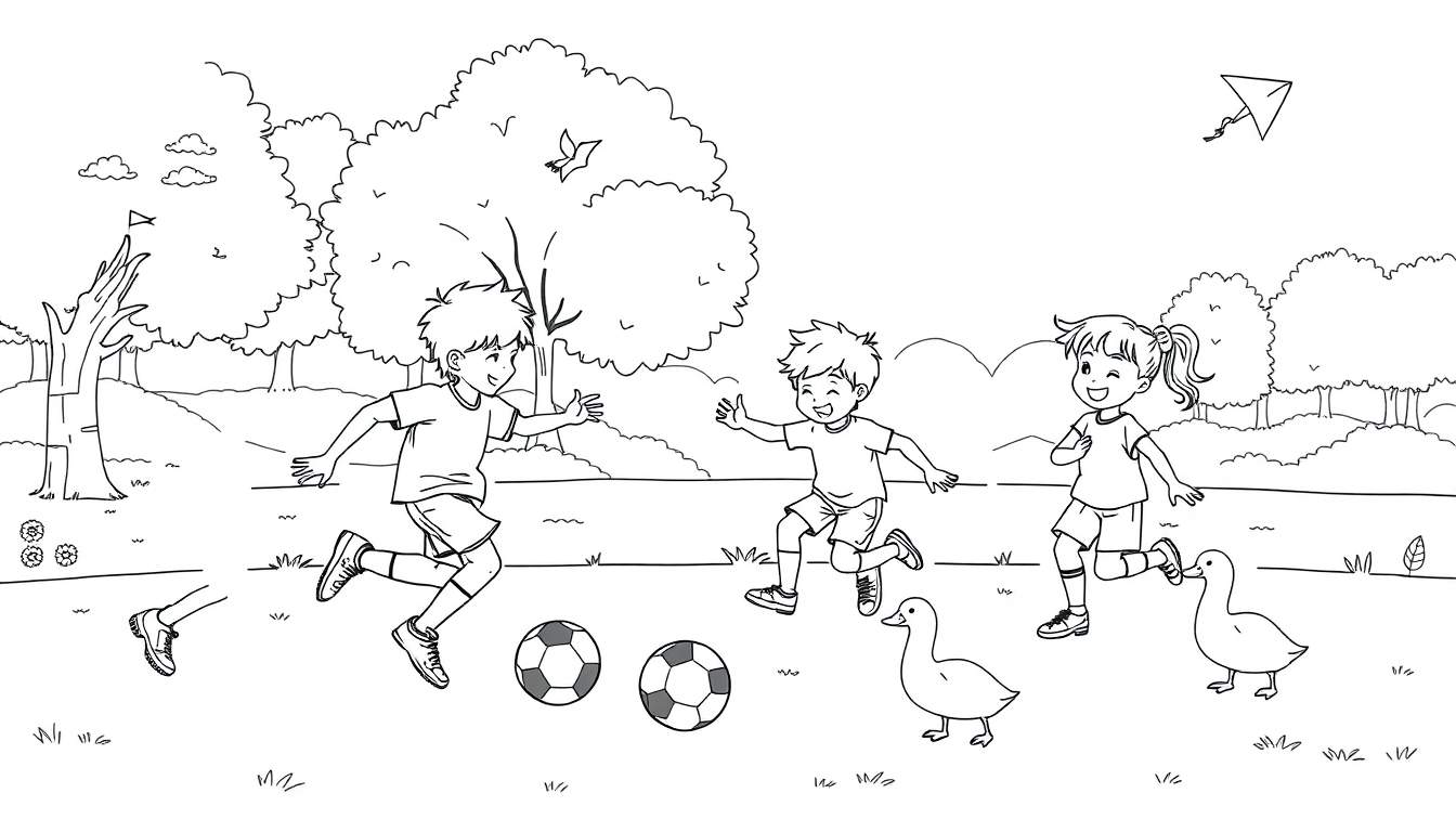 A happy group of kids playing soccer in a park, ready for coloring. Includes a color panel.
